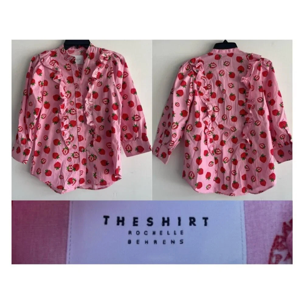 The Shirt Rochelle Behrens Strawberry Print Ruffled Button Up Top 33253.